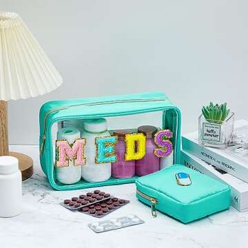 Geetery 2 Pcs Clear Preppy Makeup Bags Chenille Letter Patch Pouch Skin Care Bag with Zipper Clear P...