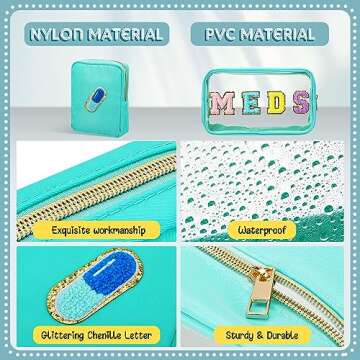 Geetery 2 Pcs Clear Preppy Makeup Bags Chenille Letter Patch Pouch Skin Care Bag with Zipper Clear Pouch Chenille Letter Bag Travel Toiletry Storage Bag for Women Girls (Green,Casual)