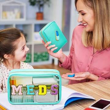 Geetery 2 Pcs Clear Preppy Makeup Bags Chenille Letter Patch Pouch Skin Care Bag with Zipper Clear Pouch Chenille Letter Bag Travel Toiletry Storage Bag for Women Girls (Green,Casual)