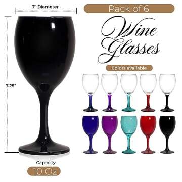 TableTop King Colored Wine Glasses Set of 6 - Colorful Stem Wine Glasses 10 Oz - Black Nuance Cute W...