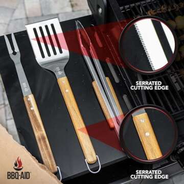 BBQ-AID 3 Piece Grill Set BBQ Accessories - Kitchen Tongs, Metal Spatula & Fork Utensils - Heavy Dut...