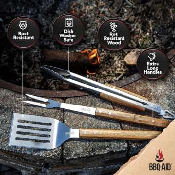 BBQ-AID 3 Piece Grill Set BBQ Accessories - Kitchen Tongs, Metal Spatula & Fork Utensils - Heavy Duty Stainless Steel Barbecue Grill Utensils for Outdoor Grill with Solid Sturdy Wood Handles