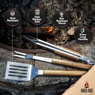 BBQ-AID 3 Piece Grill Set BBQ Accessories - Kitchen Tongs, Metal Spatula & Fork Utensils - Heavy Duty Stainless Steel Barbecue Grill Utensils for Outdoor Grill with Solid Sturdy Wood Handles