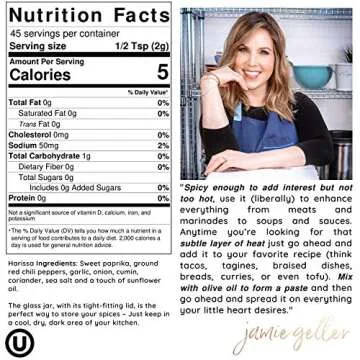 Jamie Geller Harissa Spice Seasoning | Mild Spicy Mix of Fresh Chili & Spices (3.2 oz Glass Jar, 90g) OU KOSHER | Powder For Meat Rub, Turkey, Lamb Chops, Roasted Chicken, Beef | Add To Soup And Sauce