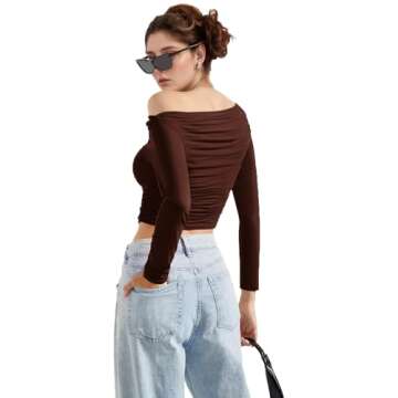 MISS MOLY Women's Off Shoulder Asymmetrical Tops Y2K Ruched Slim Sexy Cropped Long Sleeve Tee Shirts...
