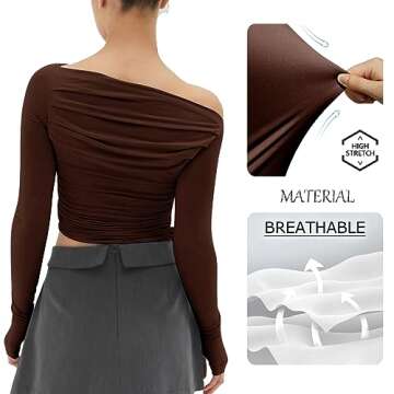 MISS MOLY Women's Off Shoulder Asymmetrical Tops Y2K Ruched Slim Sexy Cropped Long Sleeve Tee Shirts Brown XS