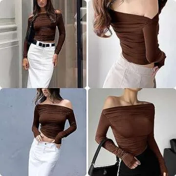 MISS MOLY Women's Off Shoulder Asymmetrical Tops Y2K Ruched Slim Sexy Cropped Long Sleeve Tee Shirts Brown XS