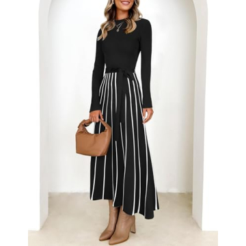 ZESICA Womens Spring Turtleneck Long Sleeve Sweater Dress Tie Waist Casual Loose Ribbed Knit A Line Midi Dresses,Black,Medium