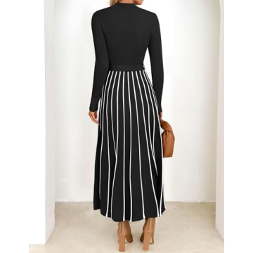 ZESICA Womens Spring Turtleneck Long Sleeve Sweater Dress Tie Waist Casual Loose Ribbed Knit A Line Midi Dresses,Black,Medium