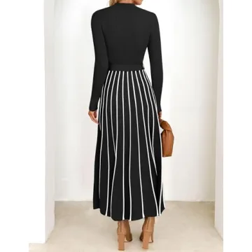 ZESICA Womens Spring Turtleneck Long Sleeve Sweater Dress Tie Waist Casual Loose Ribbed Knit A Line Midi Dresses,Black,Medium