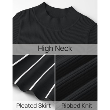 ZESICA Womens Spring Turtleneck Long Sleeve Sweater Dress Tie Waist Casual Loose Ribbed Knit A Line Midi Dresses,Black,Medium