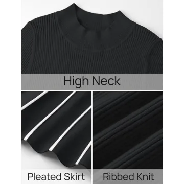 ZESICA Womens Spring Turtleneck Long Sleeve Sweater Dress Tie Waist Casual Loose Ribbed Knit A Line Midi Dresses,Black,Medium