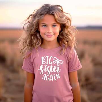 Olive Loves Apple Big Sister Again Bow Sibling Reveal Birth Announcement Shirts for Girls Mauve Shirt