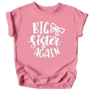 Olive Loves Apple Big Sister Again Bow Sibling Reveal Birth Announcement Shirts for Girls Mauve Shirt