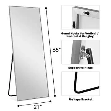 NeuType Mirror Full Length, 64"x22" Full Length Mirror with Stand Wall Mounted Dressing Mirror, Large Floor Standing Mirror Hanging or Leaning Against Wall Aluminum Alloy Thin Frame (Silver)