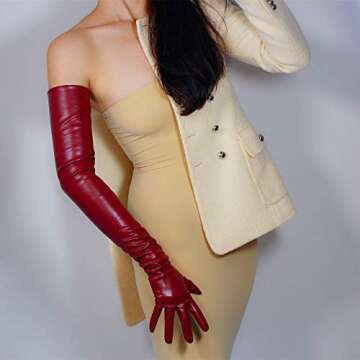 QINFE Women Long Gloves Faux Leather PU Lambskin Sheepskin Dark Red Burgendy Evening Opera Gloves Dr...