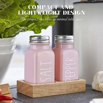 Pink Salt and Pepper Shakers Set with Holder - Pink Kitchen Home Decor and Accessories - Dopeca Glass Salt Shaker with Wood Tray for Kitchen Counter or Table -2.7 oz