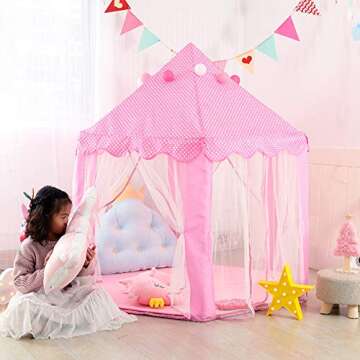 Wilhunter Princess Castle Play Tent Fairy Kids Play Tent with Star Lights Pink Large Playhouse Toys/...