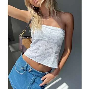 Women Lace Trim V Neck Cami Sleeveless Spaghetti Strap Tanks Vintage Patchwork Slim Fit Camisole Elegant Crop Top