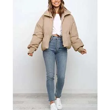 Tanming Womens Casual Puffer Jacket Long Sleeve Full Zip Black Padded Winter Coat（Khaki-L）