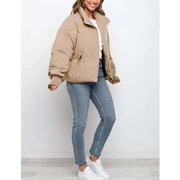 Tanming Womens Casual Puffer Jacket Long Sleeve Full Zip Black Padded Winter Coat（Khaki-L）