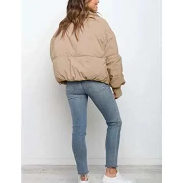 Tanming Womens Casual Puffer Jacket Long Sleeve Full Zip Black Padded Winter Coat（Khaki-L）