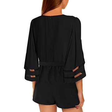 LookbookStore Women's Summer Casual Crewneck Mesh Panel Romper 3/4 Bell Sleeve Self-Tie Belted Short Playsuit Jumpsuits Solid Black Size Small
