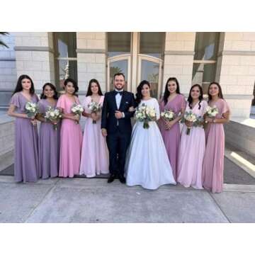 TIRAS Long Bridesmaid Dresses with Slit Short Sleeve V Neck Ruffled Split Long Formal Evening Dress