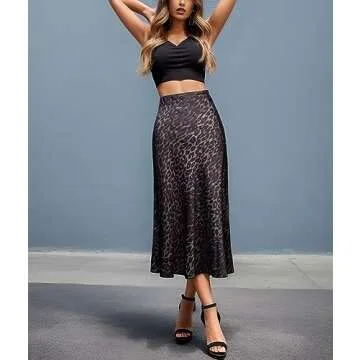 Soowalaoo Womens Skirt Midi Long Length Silk Satin High Waisted Elastic Casual Trendy Summer Skirts Leopard Dark L