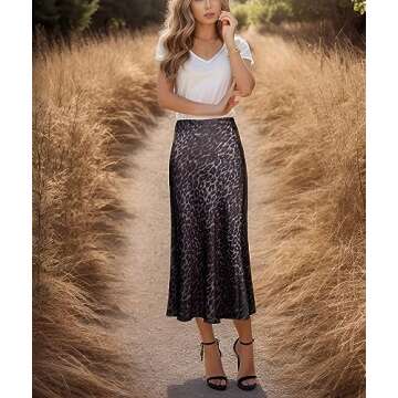 Soowalaoo Womens Skirt Midi Long Length Silk Satin High Waisted Elastic Casual Trendy Summer Skirts Leopard Dark L