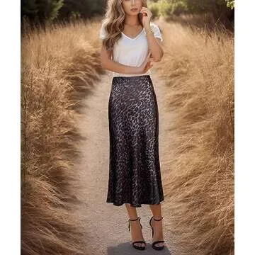Soowalaoo Womens Skirt Midi Long Length Silk Satin High Waisted Elastic Casual Trendy Summer Skirts Leopard Dark L