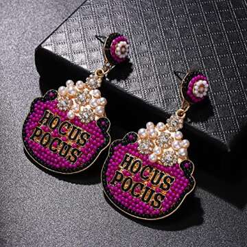 Delightful Hocus Pocus Cauldron Beaded Dangle Earrings for Halloween