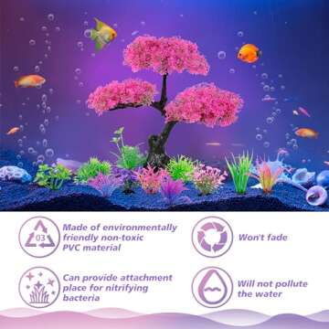 Ameliade Aquarium Artificial Plastic Plants Decoration, Pink Cherry Blossom Tree Aquarium Decor Set, Goldfish Betta Fish Tank Decorations Hides Accessories（Pink