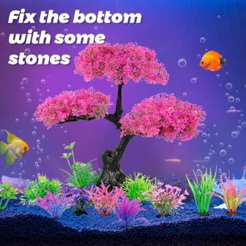 Ameliade Aquarium Artificial Plastic Plants Decoration, Pink Cherry Blossom Tree Aquarium Decor Set, Goldfish Betta Fish Tank Decorations Hides Accessories（Pink