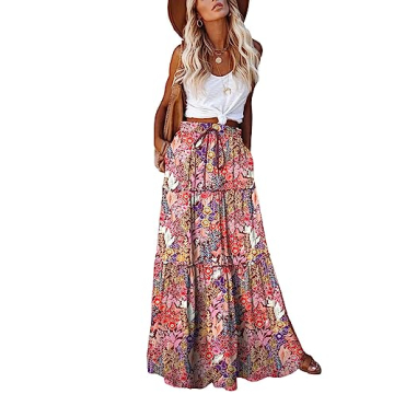 EARKOHA Women’s Casual High Waist Tie Paisley Print Long Maxi Skirt with Pockets Floral Boho XL