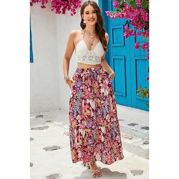 EARKOHA Boho High Waist Tie Maxi Skirt with Pockets
