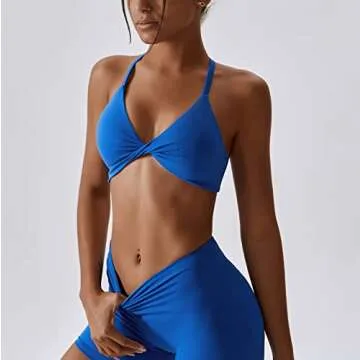 ABOCIW Workout Sets for Women V-Neck Twist Front Strappy Criss-Cross Back Sport Bra Tummy Conrol High Waist Leggings 2 Piece Exercise Gym Yoga Outfit Blue Medium