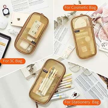 EASTHILL Grid Mesh Pen Pencil Case with Zipper Clear Makeup Color Pouch Cosmetics Bag Multi-Purpose Travel School Teen Girls Transparent Stationary Bag Office Organizer Box for Adluts(Khaki)