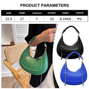 Crescent-shaped Handbags for Women with Chain, PU Tote Bag, Women's Crossbody Handbags, Small Purse with Zipper Closure, Clutch Purses for Women for Party, Wedding, Shopping, Holiday, Blue