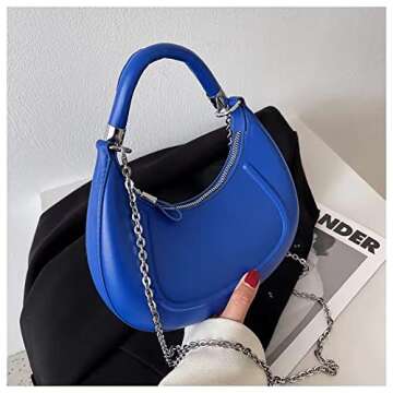 Crescent-shaped Handbags for Women with Chain, PU Tote Bag, Women's Crossbody Handbags, Small Purse with Zipper Closure, Clutch Purses for Women for Party, Wedding, Shopping, Holiday, Blue