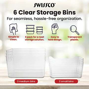 Swissco Clear Storage Bins Set of 6 Plastic Bins for Home Organization | Under Bed Storage Bins | Nesting Bins: 3 Medium Bins and 3 Small Bins