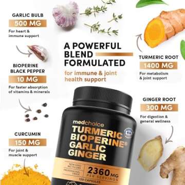 4-in-1 Turmeric and Garlic Supplements with Bioperine 2360 mg Turmeric Ginger Root Capsules with Garlic for Joint, Digestion & Immune Support (120 ct)