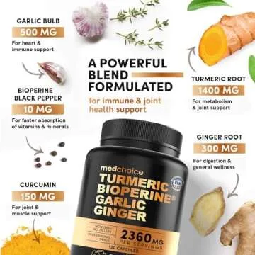 4-in-1 Turmeric and Garlic Supplements with Bioperine 2360 mg Turmeric Ginger Root Capsules with Garlic for Joint, Digestion & Immune Support (120 ct)