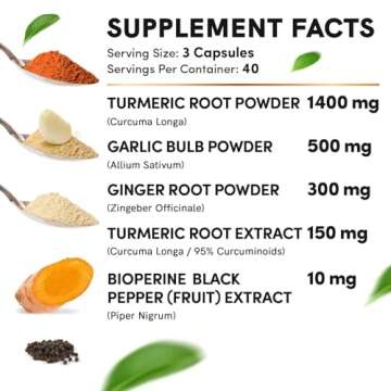4-in-1 Turmeric and Garlic Supplements with Bioperine 2360 mg Turmeric Ginger Root Capsules with Garlic for Joint, Digestion & Immune Support (120 ct)