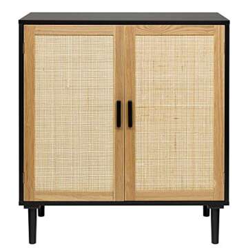 Finnhomy Sideboard Buffet Cabinet, Kitchen Storage Cabinet with Rattan Decorated Doors, Accent Liquor Cabinet for Bar, Dining Room, Hallway, Cupboard Console Table, 31.5X 15.8X 34.6 Inches