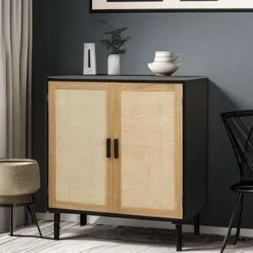 Finnhomy Sideboard Buffet Cabinet, Kitchen Storage Cabinet with Rattan Decorated Doors, Accent Liquor Cabinet for Bar, Dining Room, Hallway, Cupboard Console Table, 31.5X 15.8X 34.6 Inches