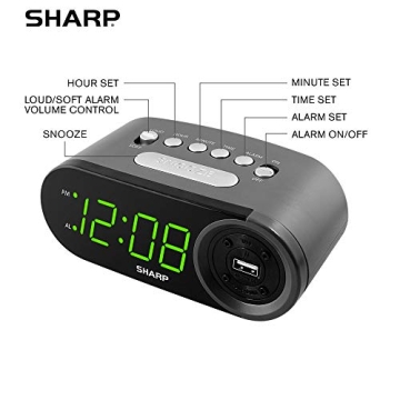 Sharp Digital Alarm Clock with USB Charger - Easy to Use