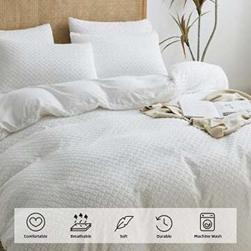 JELLYMONI White Duvet Cover Set-Tufted Soft Microfiber 3 Pieces Luxury Rectangle Embroidery Duvet Cover,with Zipper Closure & Corner Ties. Solid Color Breathable Duvet Cover King Size(No Comforter)