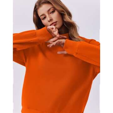 PINSPARK Womens Long Sleeve Sweatshirt No Hood Fleece Lined Turtleneck Casual Warm Tops with Pockets Thumb Hole 2024 Fall Outfits,Orange X-Large