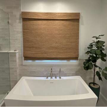 FACIMI Cordless Blackout Roman Bamboo Shades, Light Filtering Natural Woven Shades with 6 Inches High Valance, Custom Room Darkening Privacy Lined Bamboo Blinds for Windows, Doors, Line Brown